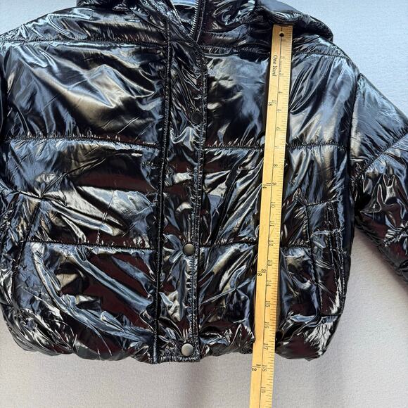 Boohoo Puffer Coat Women's Size 6 Shiny Black Hooded Cropped Streetwear Gorpcore - Picture 11 of 12